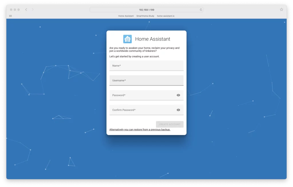 Home Assistant Onboarding: Create an Account